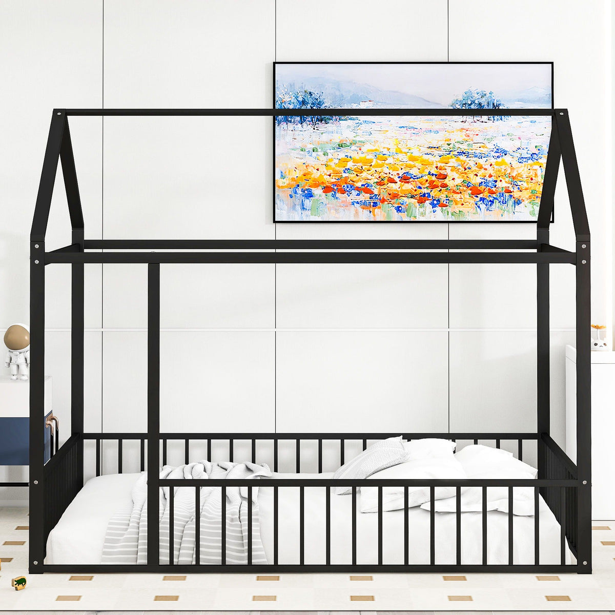 Metal Bed House Bed Frame With Fence