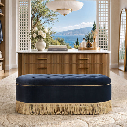Melinda - Oval Tufted Bullion Fringe Storage Bench