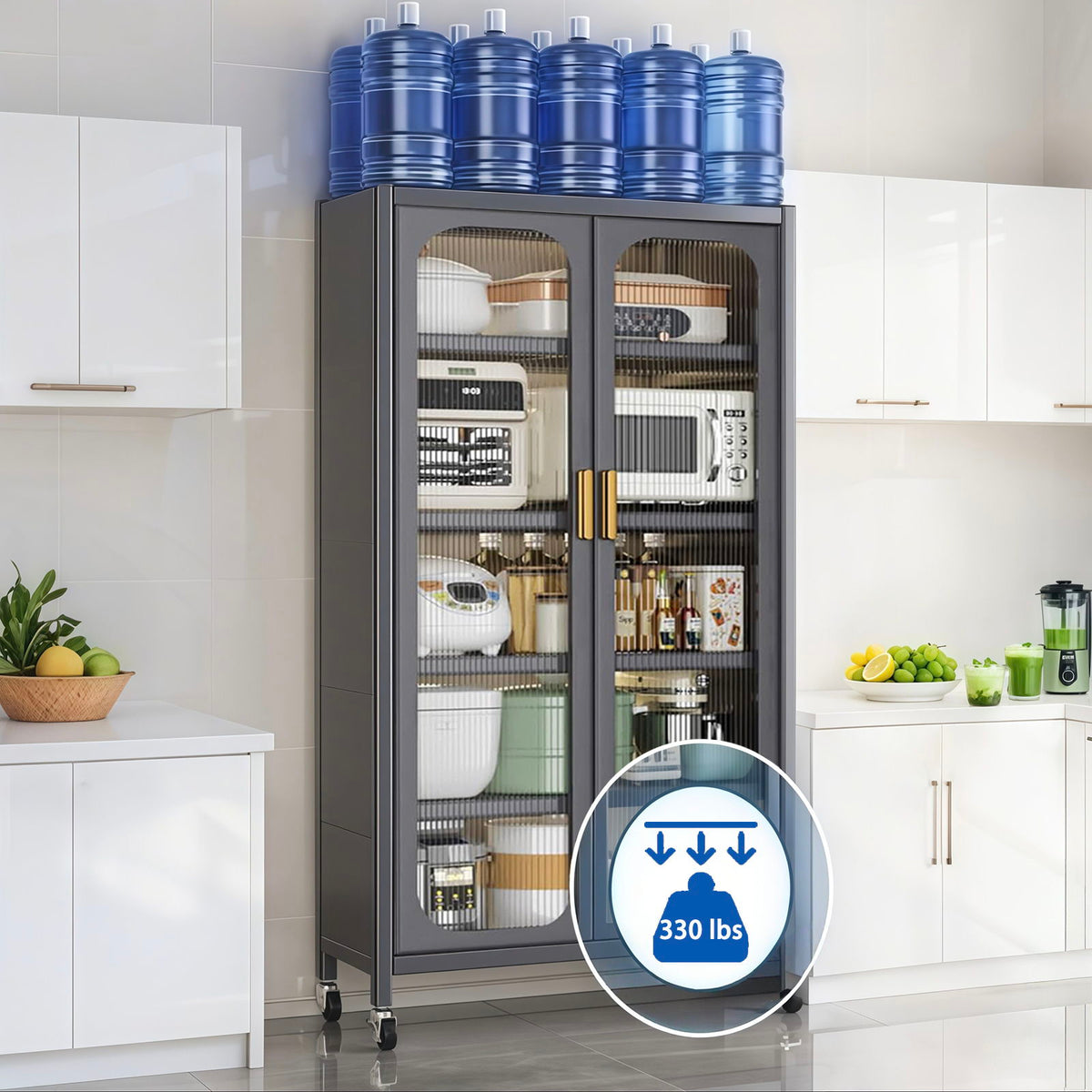 6 Tier Storage Cabinet With Transparent Door, Adjustable Shelves & Wheels
