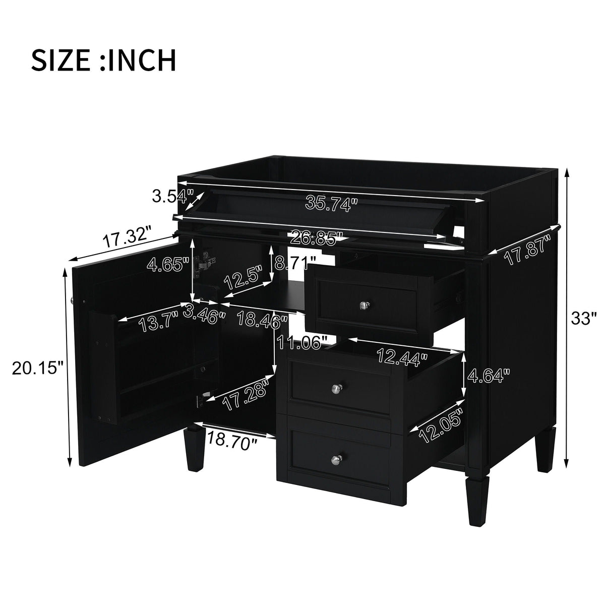 Bathroom Vanity With 2 Drawers And Tip-Out Drawer, Storage Cabinet