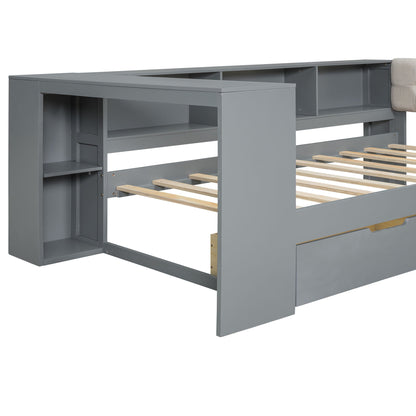Upholstered Headboard Platform Bed With Storage Shelves, Drawers, Charging Station
