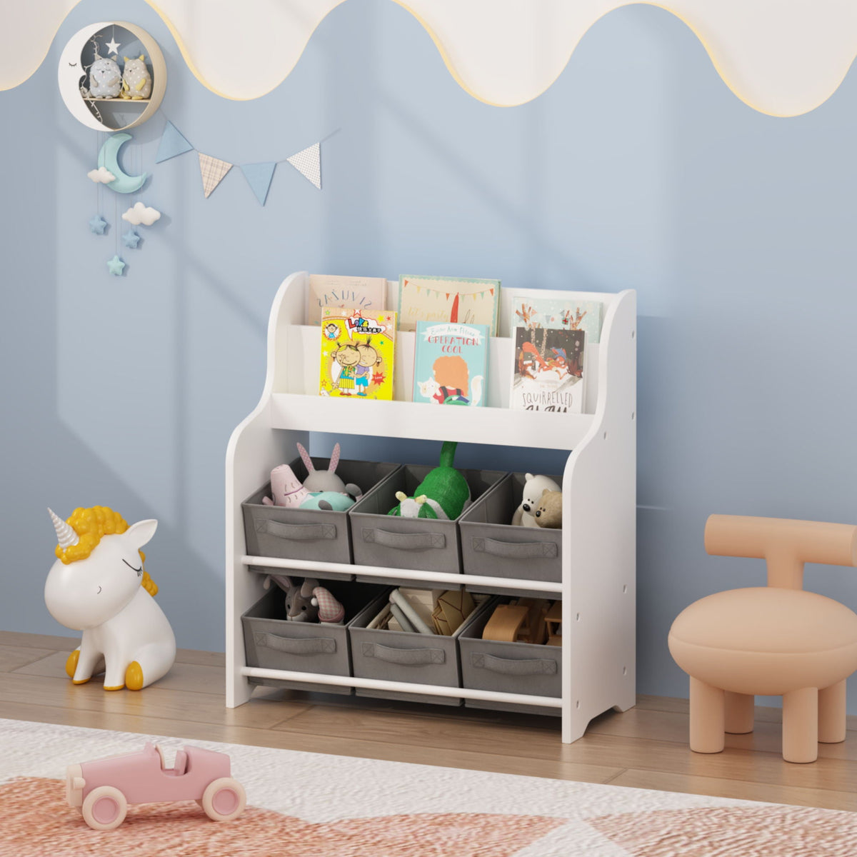 Bookshelf With 6 Storage Bins, Multi Functional Children's Bookcase And Toy Organizer - White