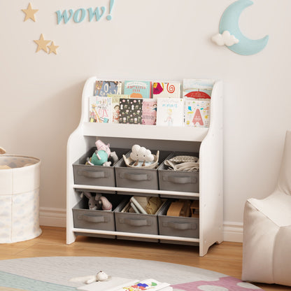 Bookshelf With 6 Storage Bins, Multi Functional Children's Bookcase And Toy Organizer - White
