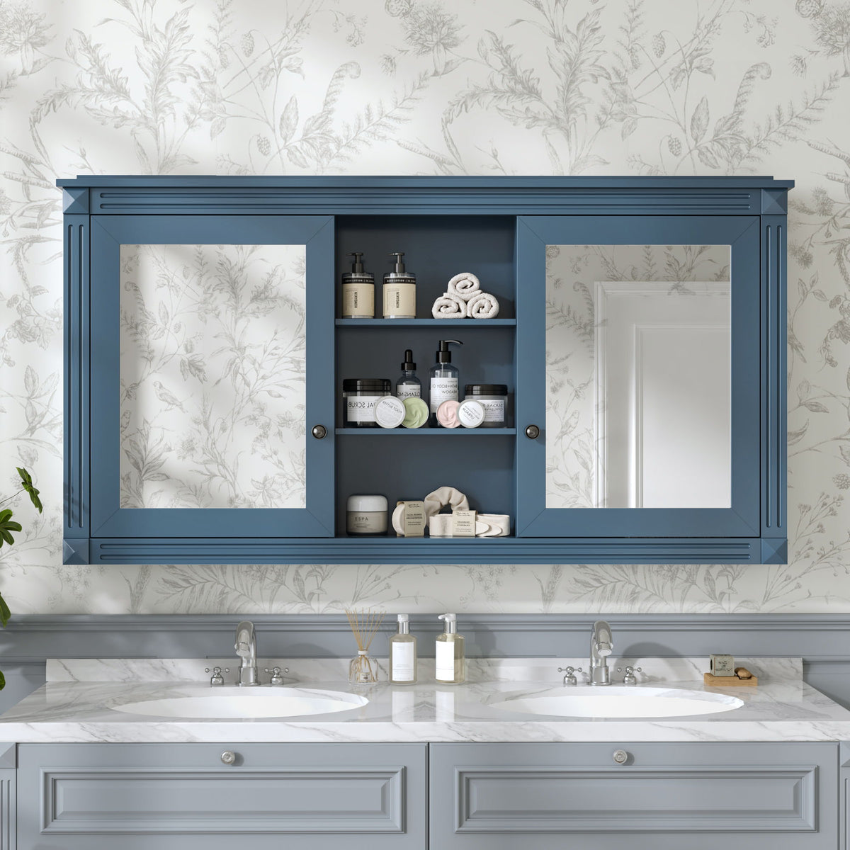 Modern Wall-Mount 2 In 1 Mirror Cabinet With Adjustable Shelves, Soft-Closing Hinges