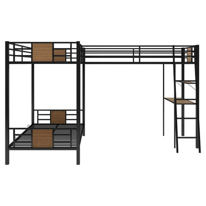 L-Shaped Twin Over Twin Bunk Bed With Twin Size Loft Bed With Desk And Shelf - Brown