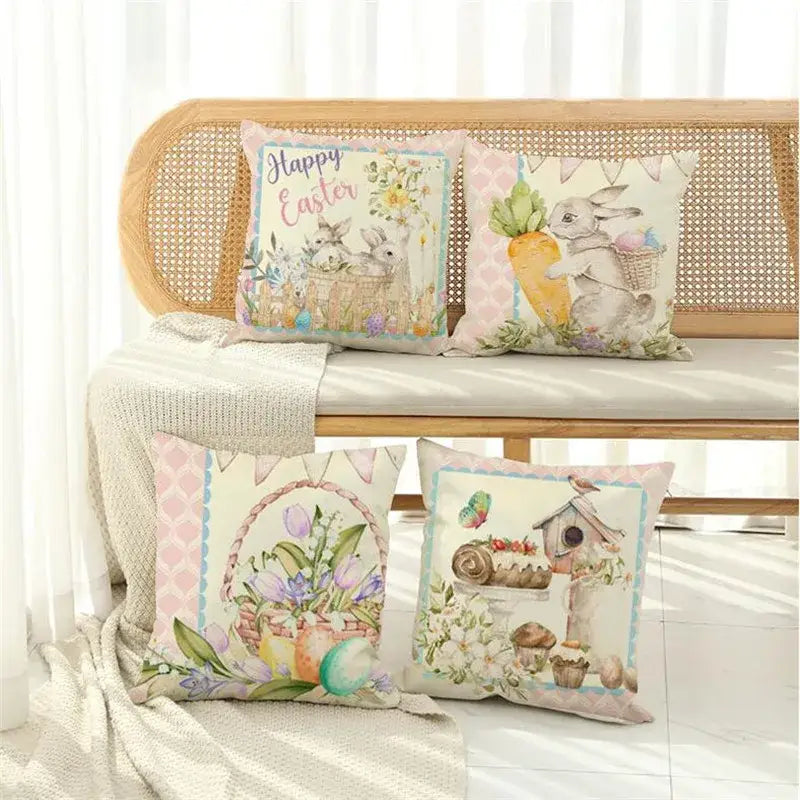 Easter bunny rabbit linen cushion cover – living room floral pillow