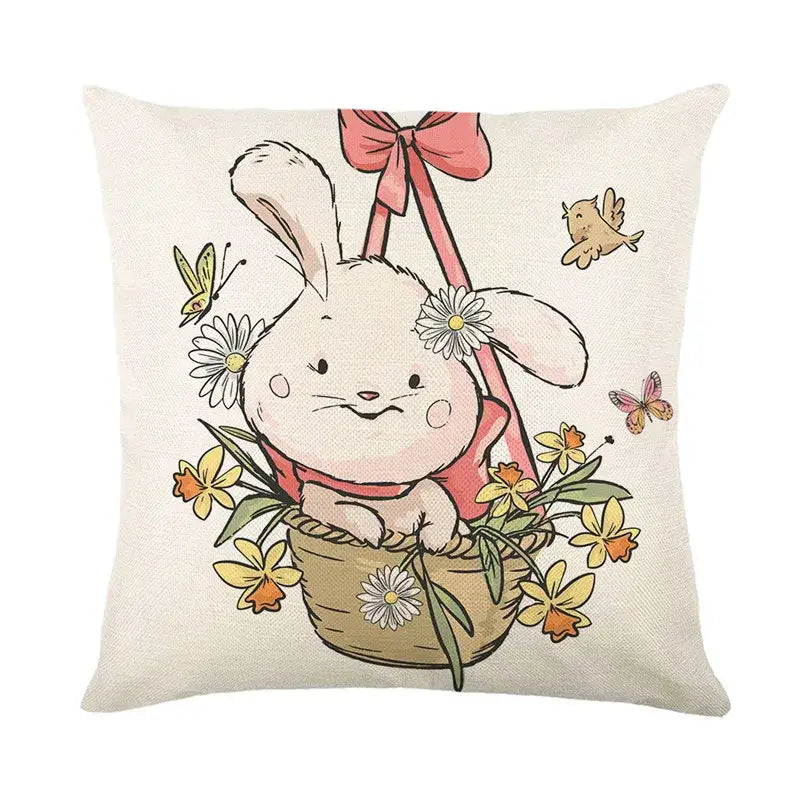 Easter bunny rabbit linen cushion cover – living room floral pillow