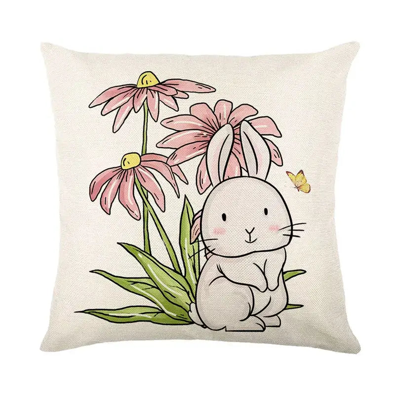Easter bunny rabbit linen cushion cover – living room floral pillow