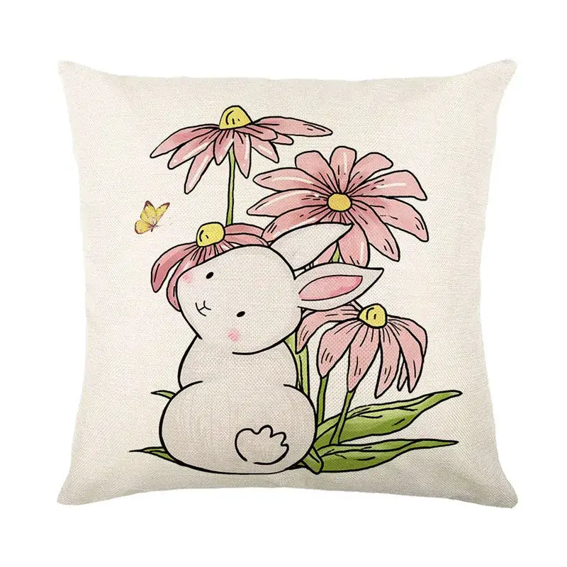 Easter bunny rabbit linen cushion cover – living room floral pillow