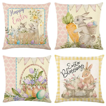 Easter bunny rabbit linen cushion cover – living room floral pillow