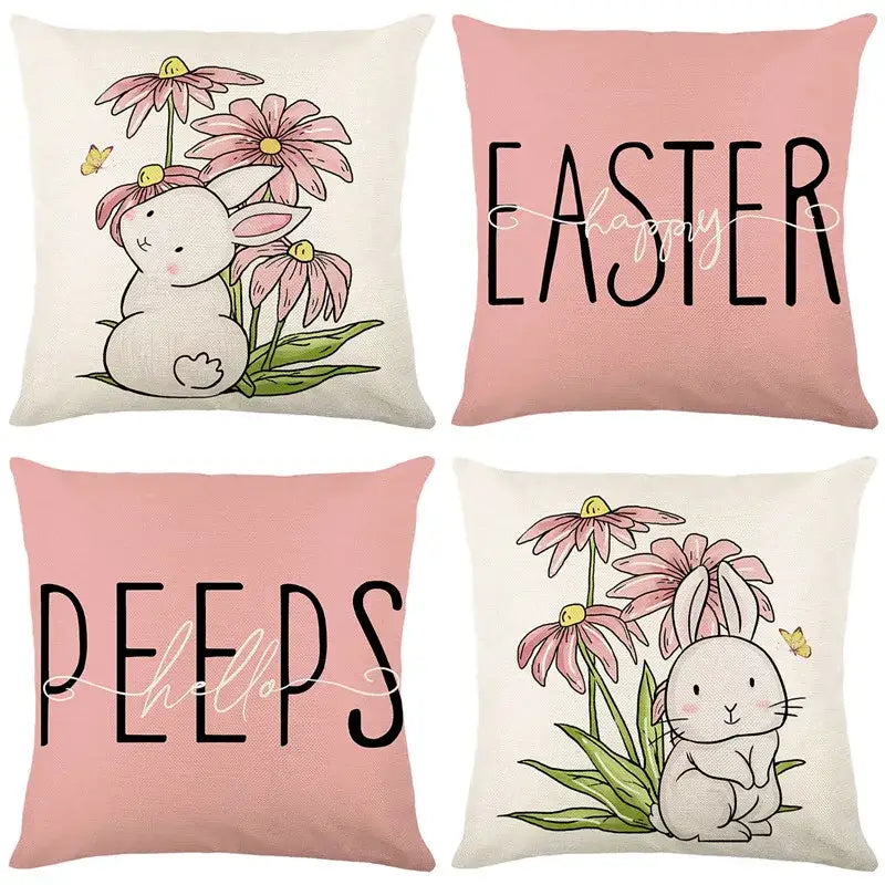Easter bunny rabbit linen cushion cover – living room floral pillow