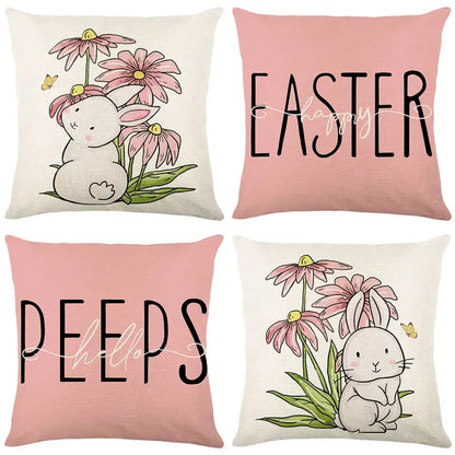 Easter bunny rabbit linen cushion cover – living room floral pillow
