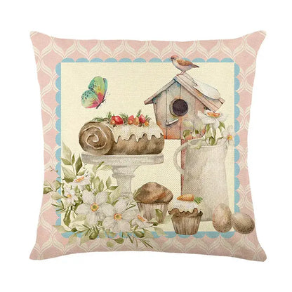Easter bunny rabbit linen cushion cover – living room floral pillow