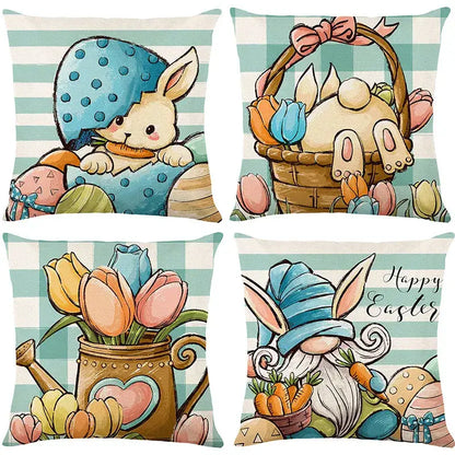 Easter bunny rabbit linen cushion cover – living room floral pillow