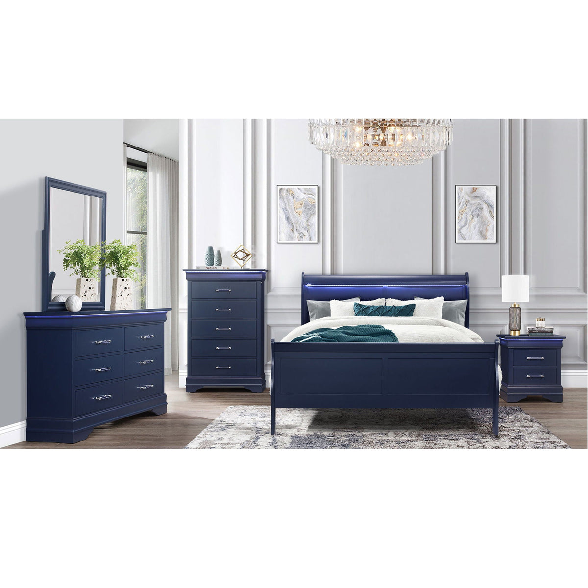 Charlston - Modern Sleigh Design Bed With LED