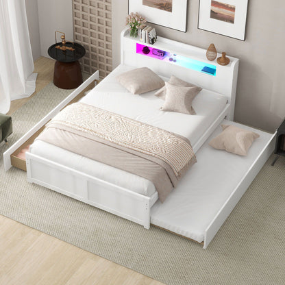 Storage Platform Bed With LED Lights, 2 Drawers And Trundle