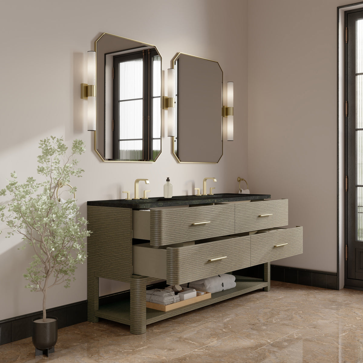James Martin Lucian 72" Double Bathroom Vanity, Pebble Oak