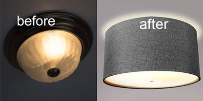 14"W Moderne Flush Mount Conversion Kit  Granite Gray Burlap Hardback Drum Lampshade