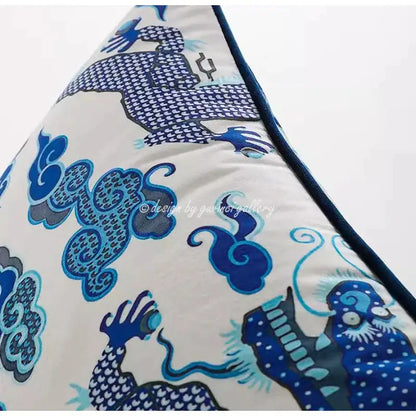 Eclectic indigo blue dragon velvet pillow cover living room decor