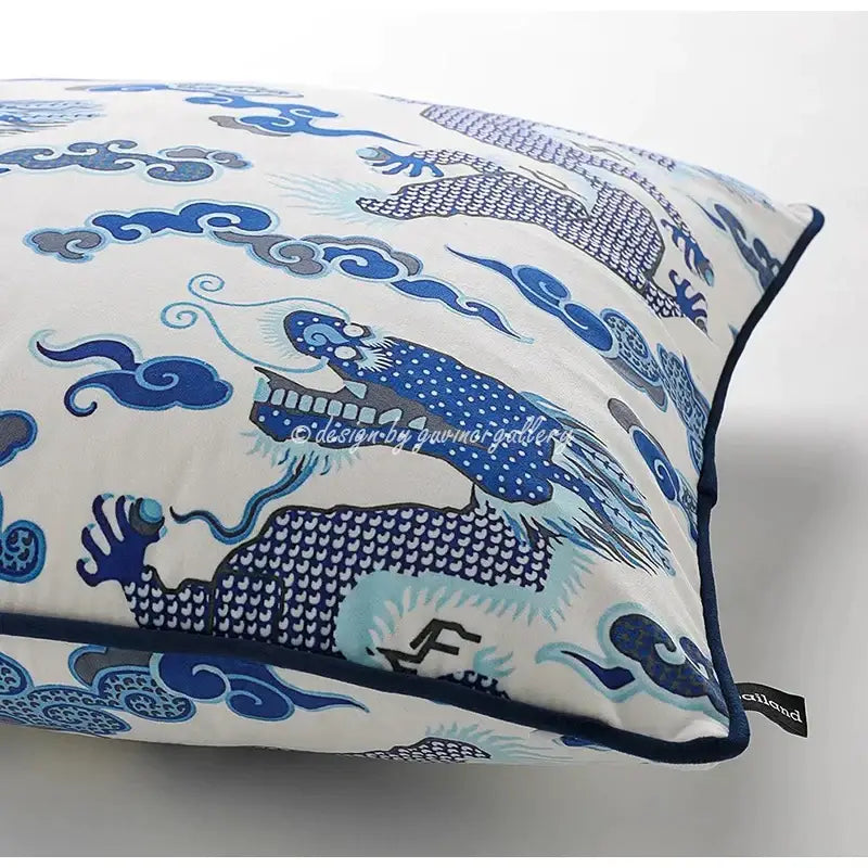 Eclectic indigo blue dragon velvet pillow cover living room decor