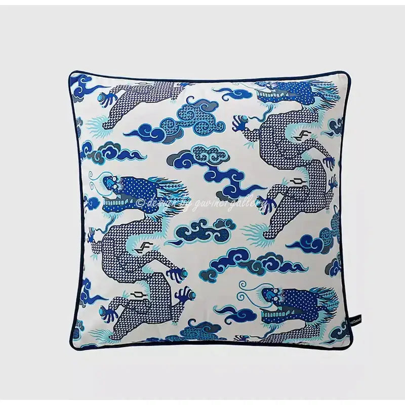 Eclectic indigo blue dragon velvet pillow cover living room decor
