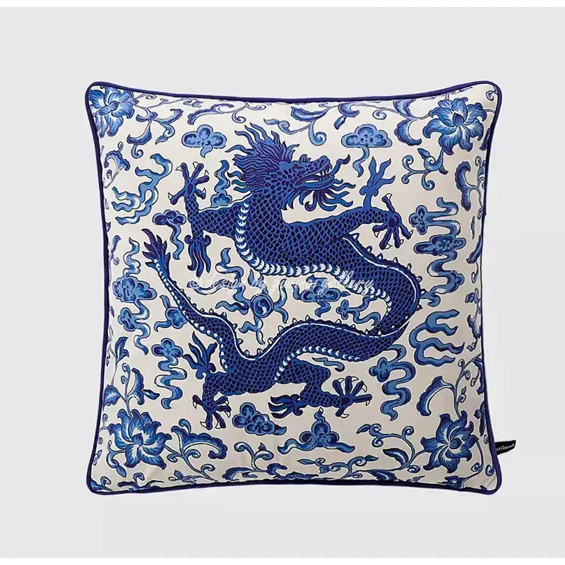 Eclectic indigo blue dragon velvet pillow cover living room decor