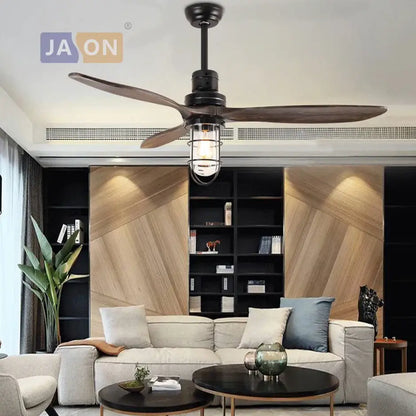 Edison loft white and wood ceiling fan with led light for bedroom