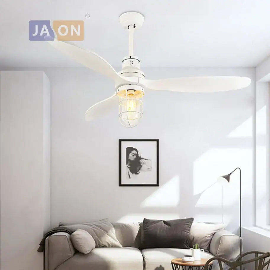 Edison loft white and wood ceiling fan with led light for bedroom