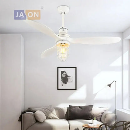 Edison loft white and wood ceiling fan with led light for bedroom