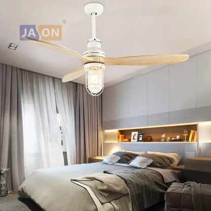 Edison loft white and wood ceiling fan with led light for bedroom