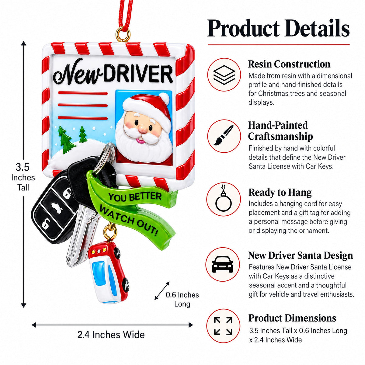 New Driver Santa License with Car Keys Resin Christmas Ornament