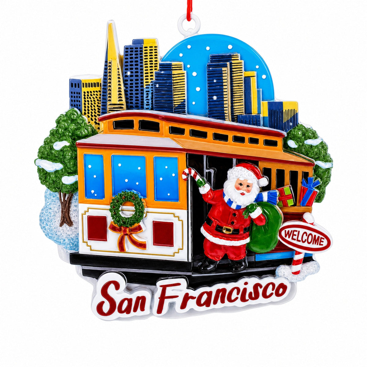 San Francisco Cable Car with Santa and City Skyline Resin Christmas Ornament