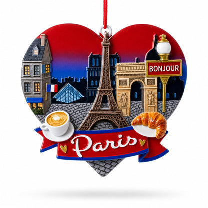 Paris Heart with Eiffel Tower and Bonjour Café Resin Christmas Ornament