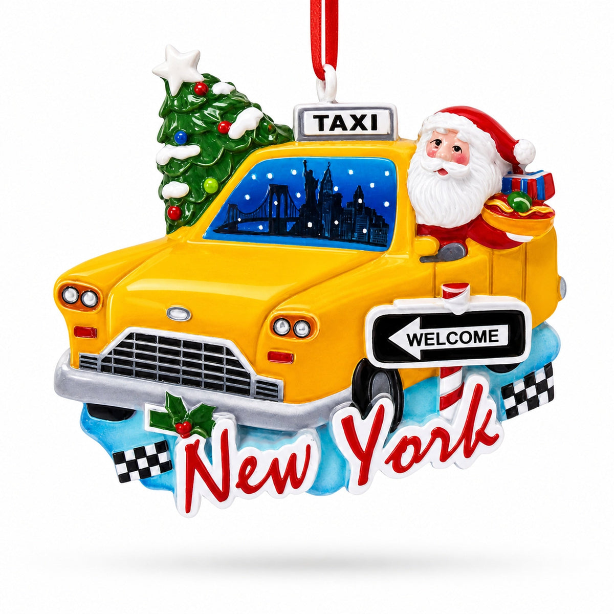New York Taxi with Santa and Christmas Tree Resin Christmas Ornament