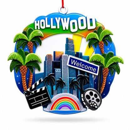 Los Angeles Hollywood Skyline Palm Trees Resin Christmas Ornament
