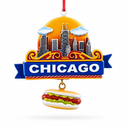 Chicago Skyline Hot Dog Resin Christmas Ornament