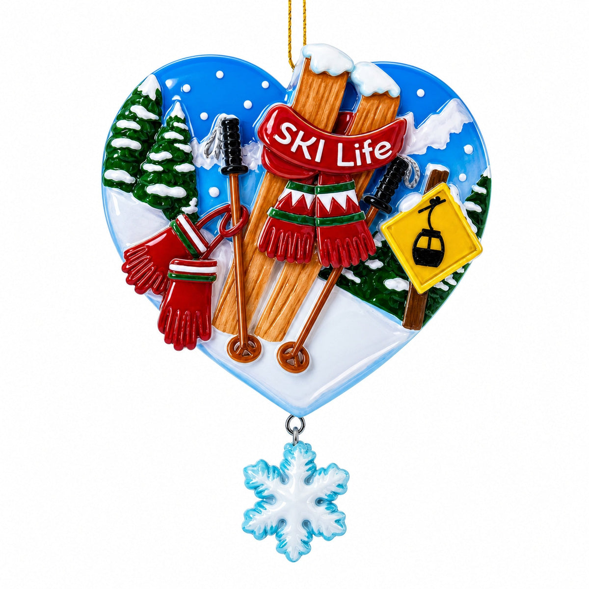 Ski Life Skis with Snowflake and Cable Car Resin Christmas Ornament