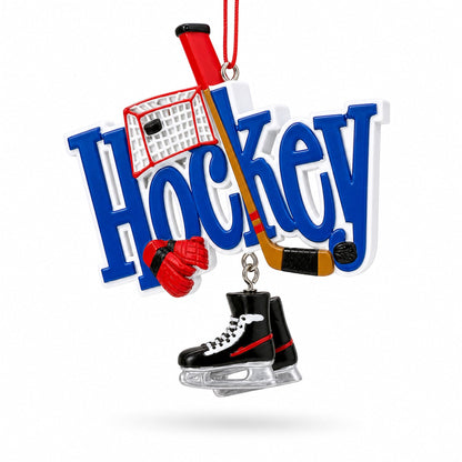 Hockey Word Art with Skates and Stick Resin Christmas Ornament
