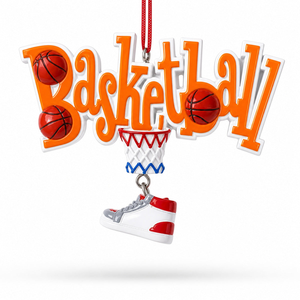 Basketball Word with Shoe and Hoop Resin Christmas Ornament