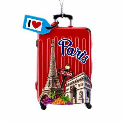 Paris Suitcase Travel Theme Resin Christmas Ornament