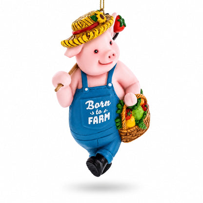 Farmer Pig with Veggie Basket Resin Christmas Ornament