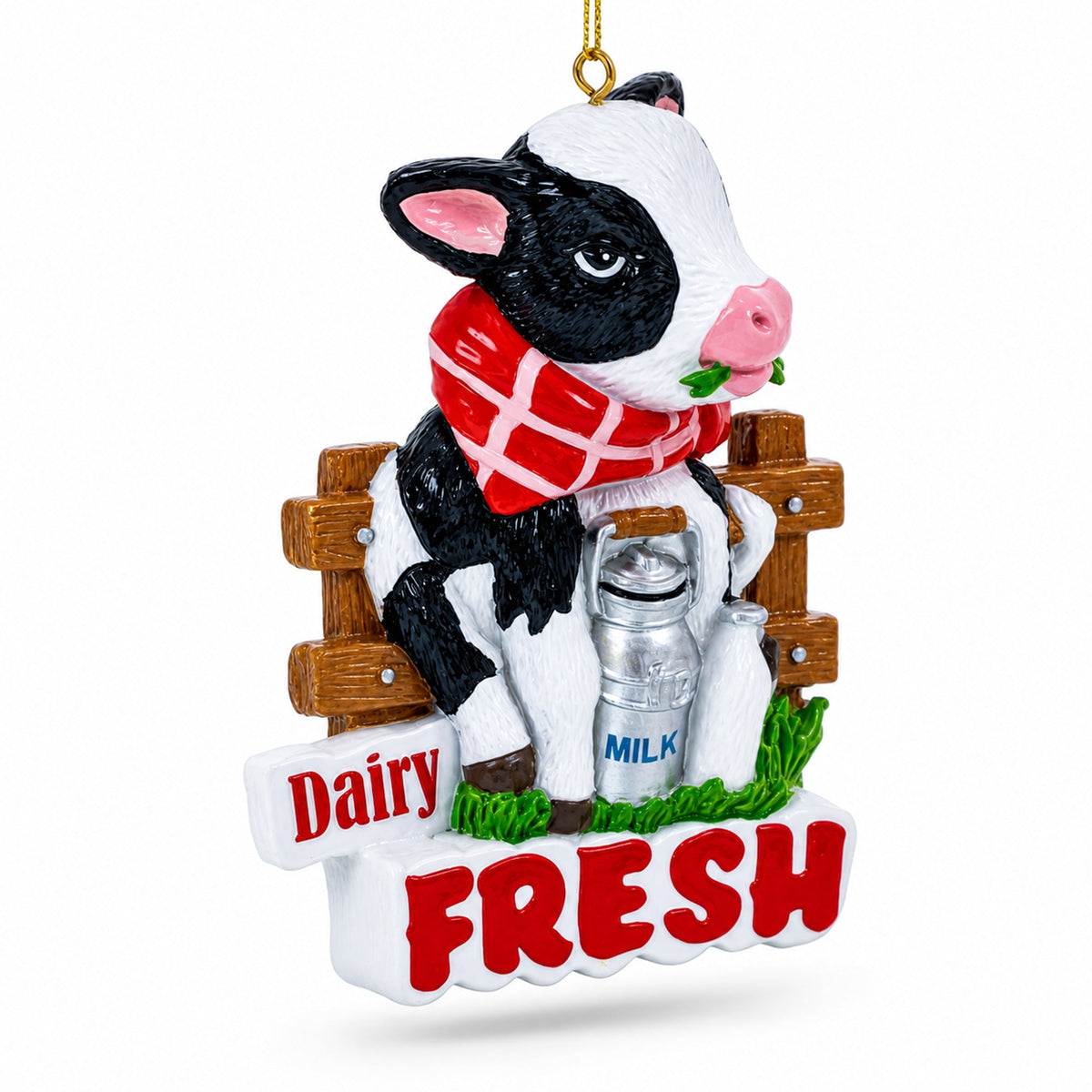 Dairy Fresh Cow with Milk Can Resin Christmas Ornament