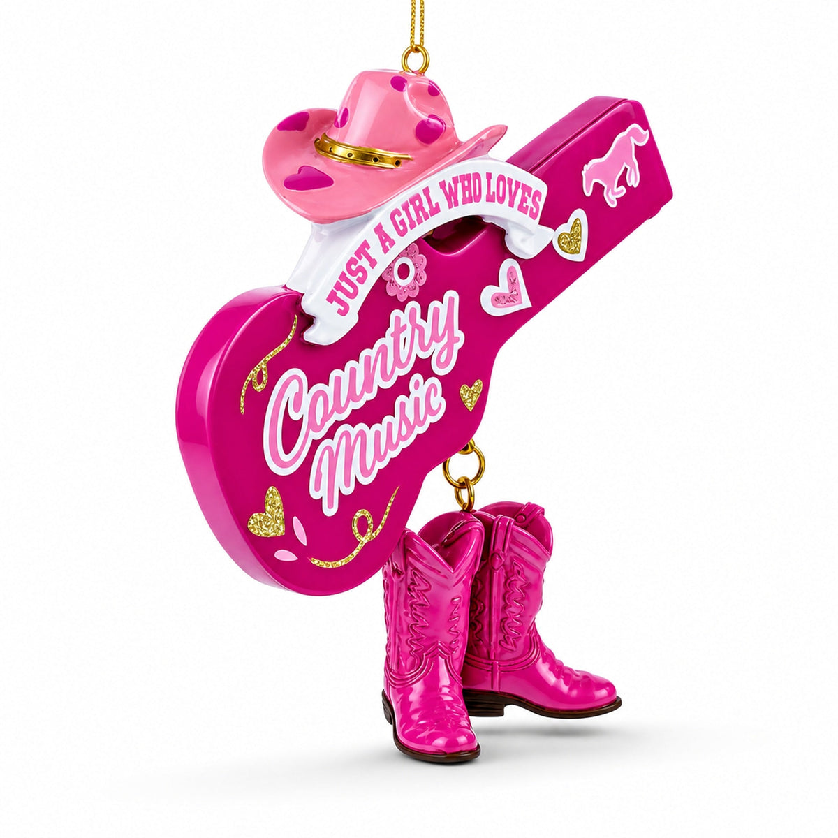 Pink Cowgirl Hat Country Music Guitar with Boots Resin Christmas Ornament