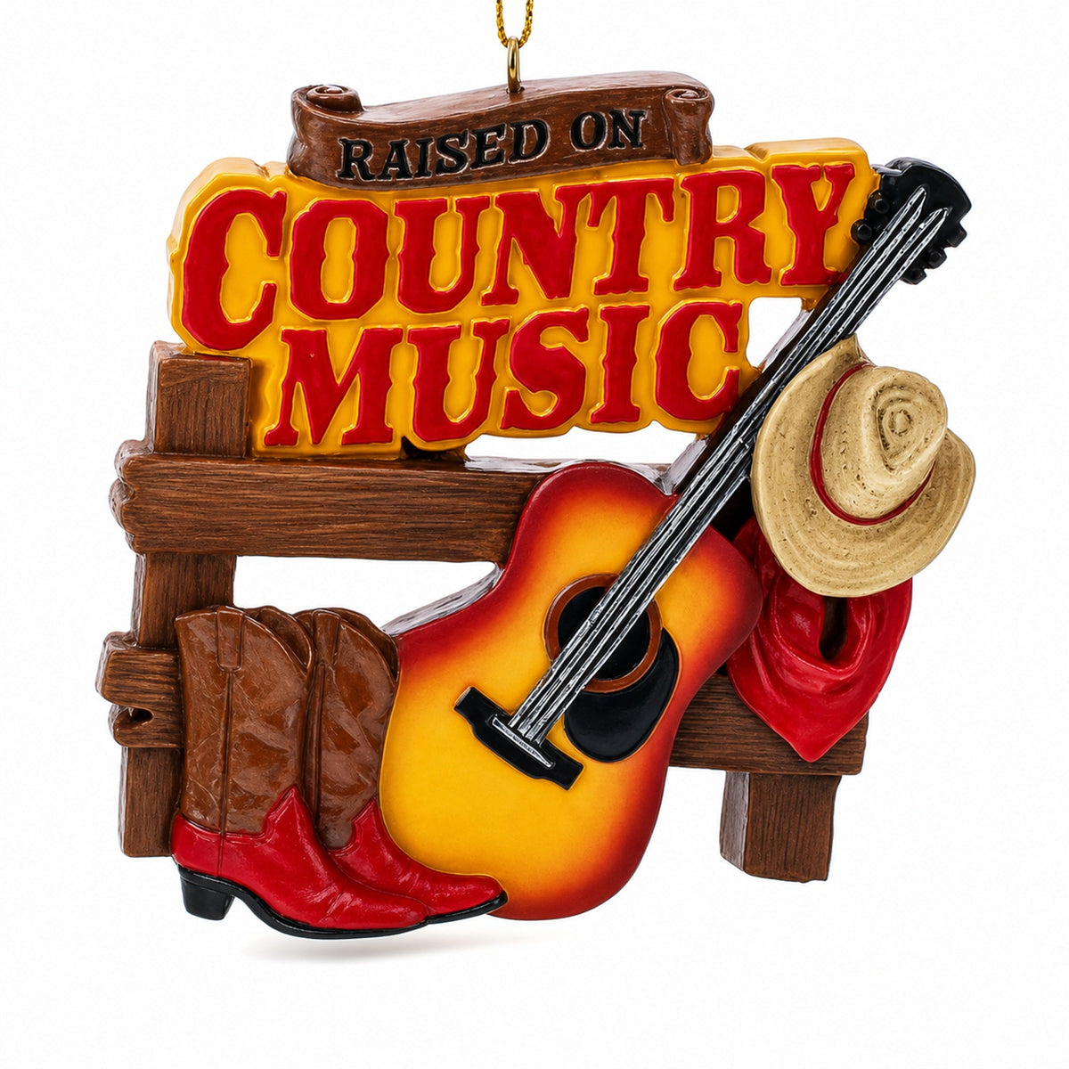Raised on Country Music Fan Guitar Hat Boots Resin Christmas Ornament
