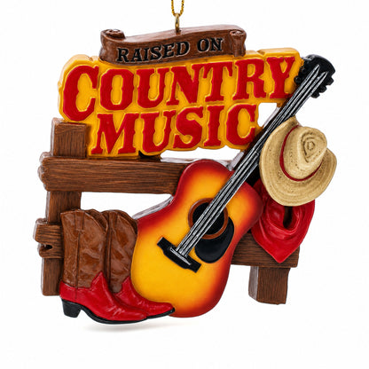 Raised on Country Music Fan Guitar Hat Boots Resin Christmas Ornament