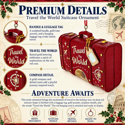 Travel The World Red Vintage Suitcase Luggage Resin Christmas Ornament