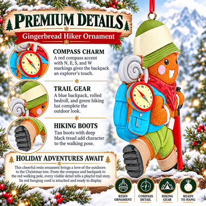 Hiking Gingerbread Man With Backpack Compass Resin Christmas Ornament
