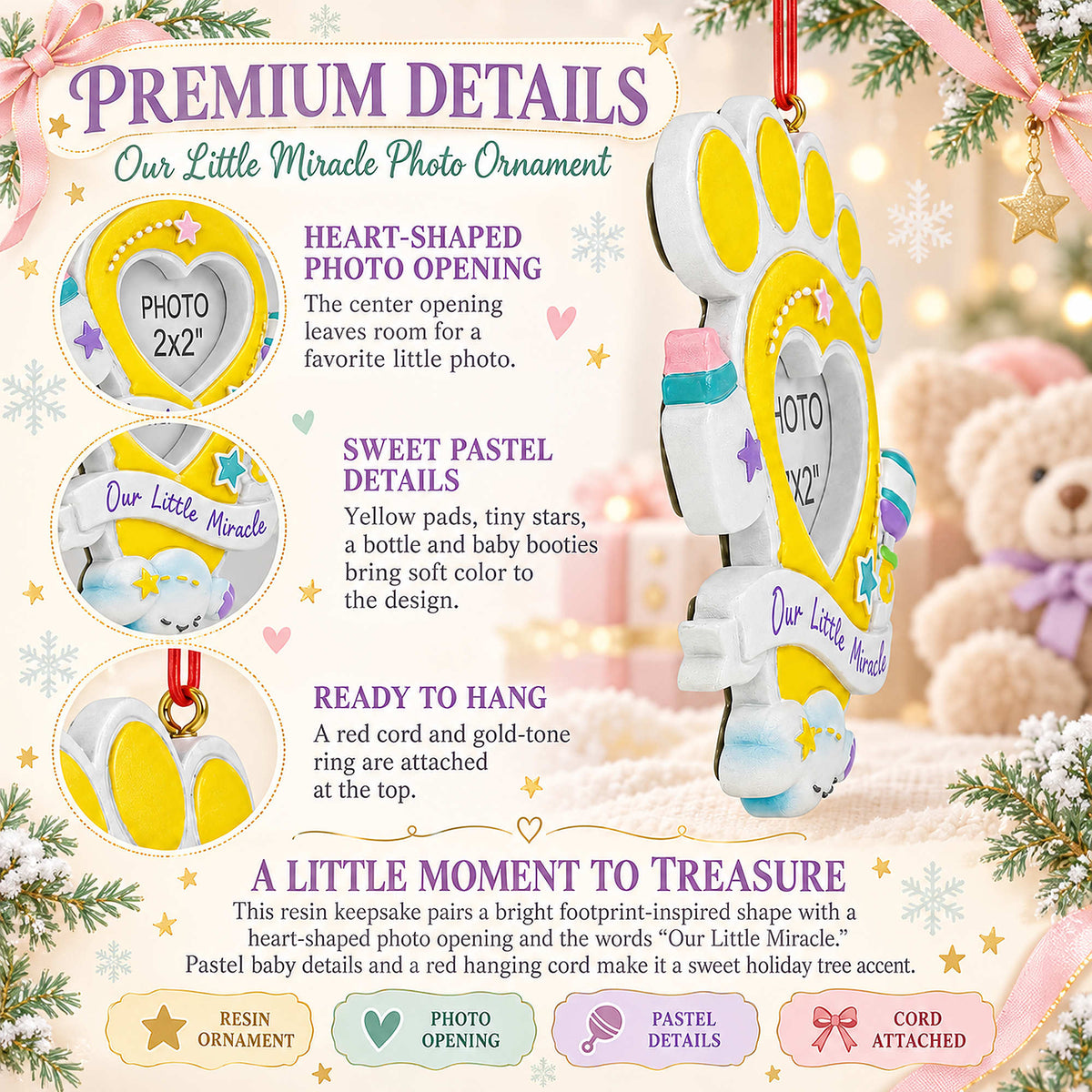 Our Little Miracle Baby Footprint Picture Frame Resin Christmas Ornament