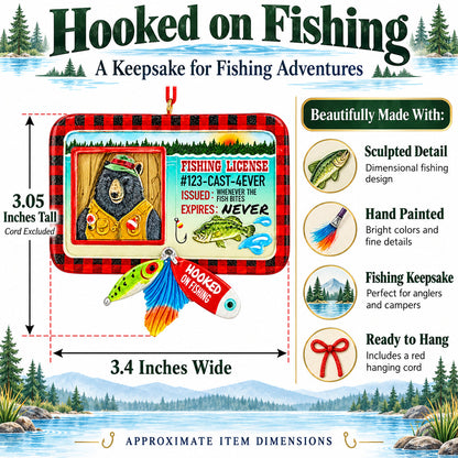 Bear's Fishing License With Lures Resin Christmas Ornament