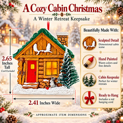 Winter Log Cabin Pine Tree And Antlers Resin Christmas Ornament